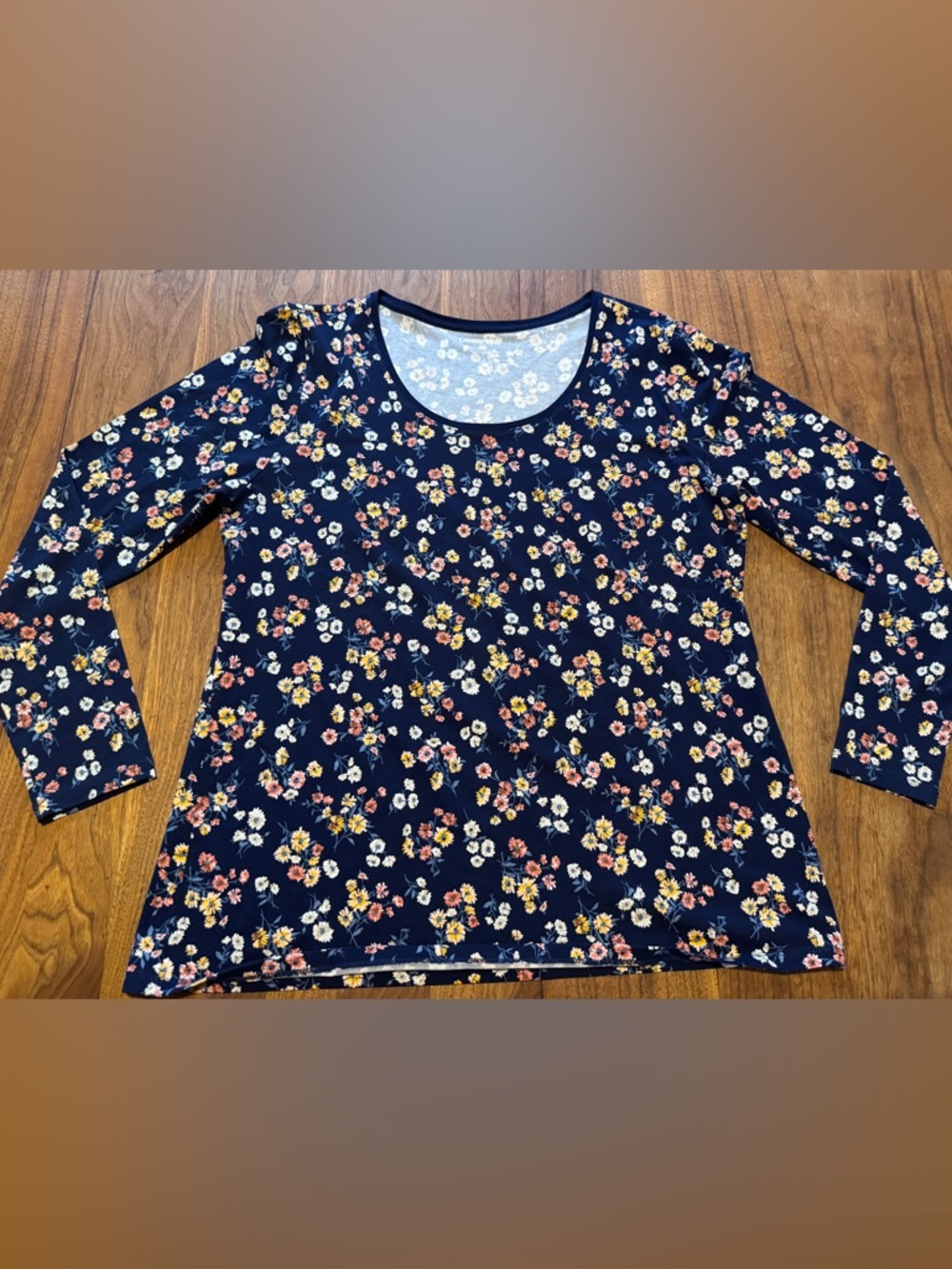 Lands’ End Jersey Knit Floral Scoop Neck Top Longer Length A Line Sz L Like New